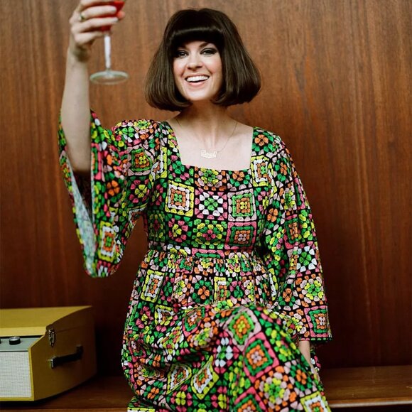 Dawn O’Porter X Joanie Casino Granny Square Print maxi midaxi dress 6 medium NWT - Picture 5 of 8